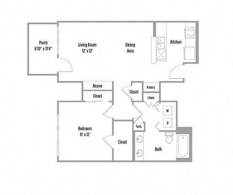 Floor plan for 1 bed, 1 bath, 794 sqft